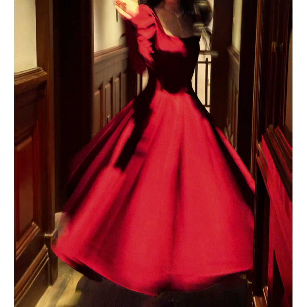 French Red Long Sleeve Swing Gown Dress