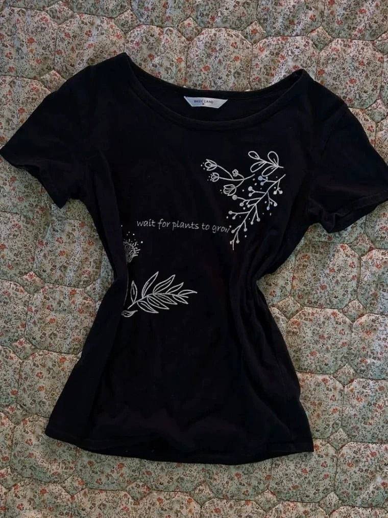 Black Chinese-Style Retro Print Waist-Cinched Y2K T-Shirt