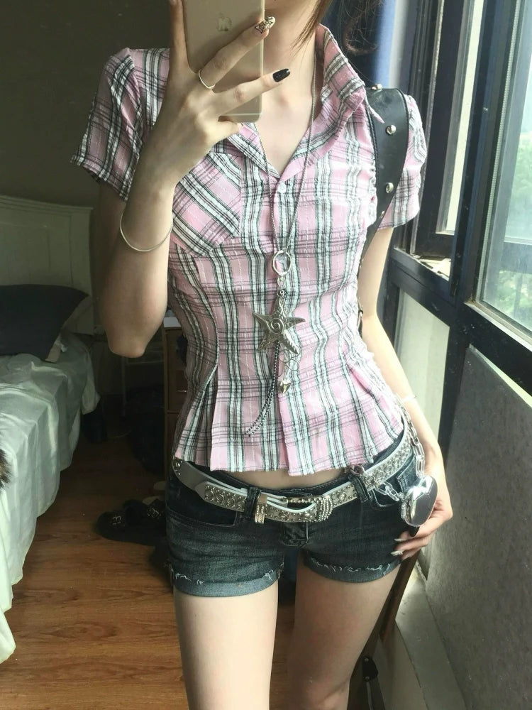 American Checkered Short Sleeve Shirt Summer Slim Fit Preppy College Style Top