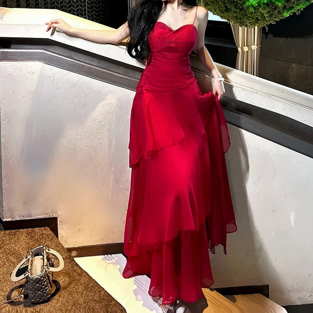Red Ruffle Waist Gown Prom Dress