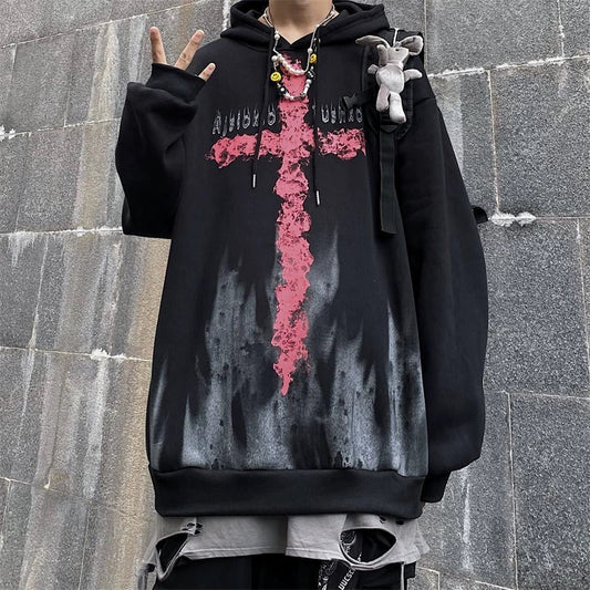 Black Y2K Rock Punk Cross Fleece-Lined Hoodie