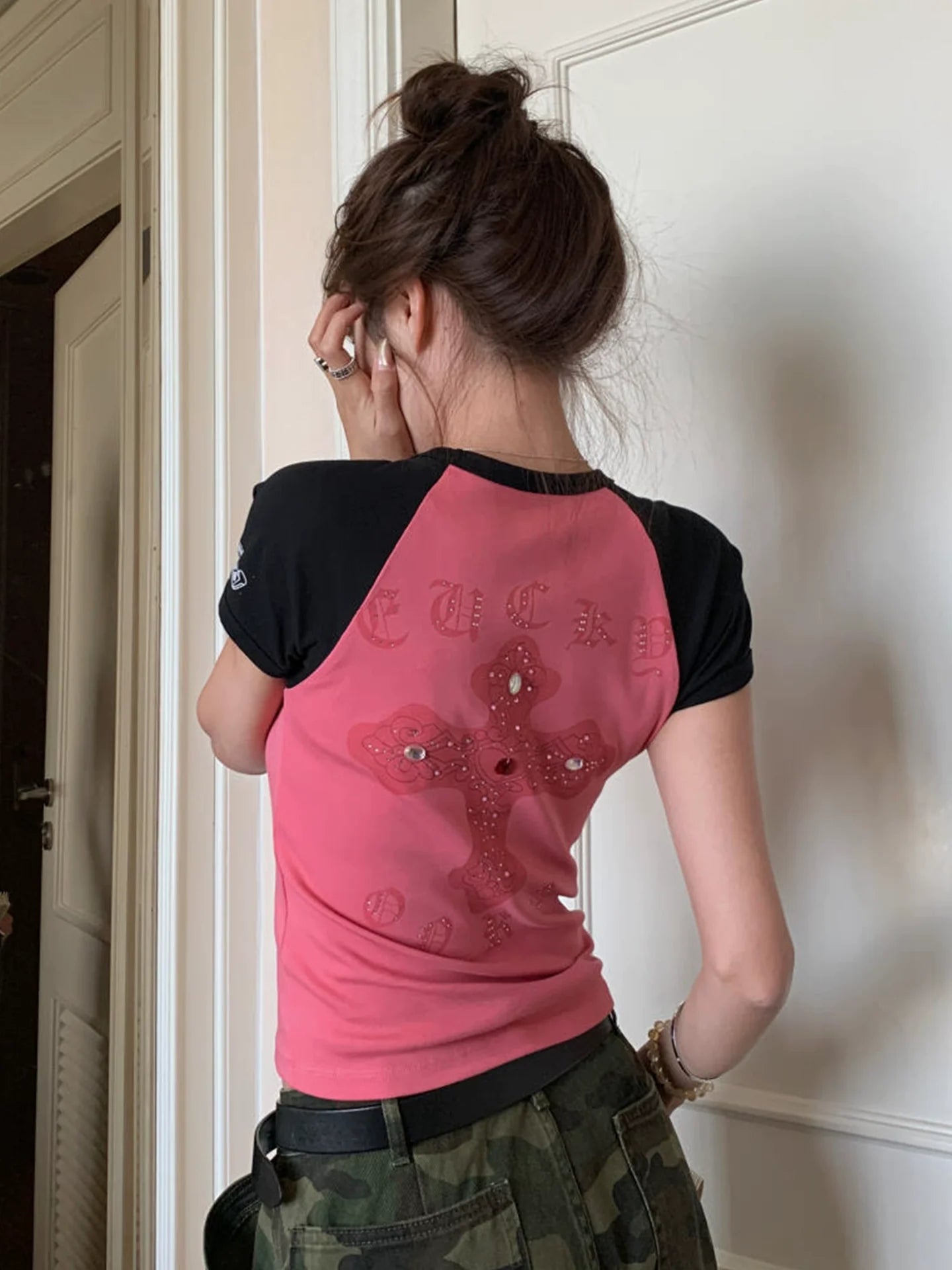 Rhinestone Cross Short Sleeve Gothic Y2K Crop Top