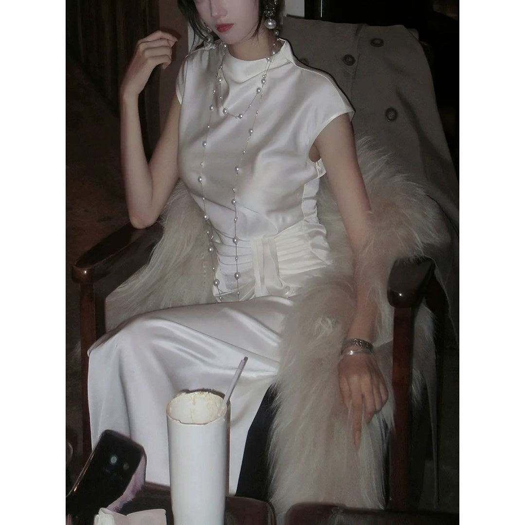 French Satin Pleated Gown Dress – High-End Fitted Evening Dress