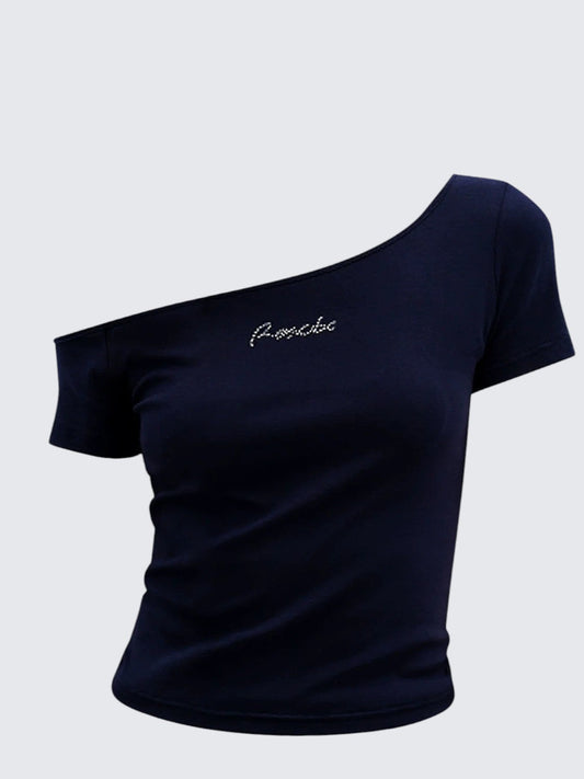 Spicy Girl Navy Rhinestone Shoulder T-Shirt