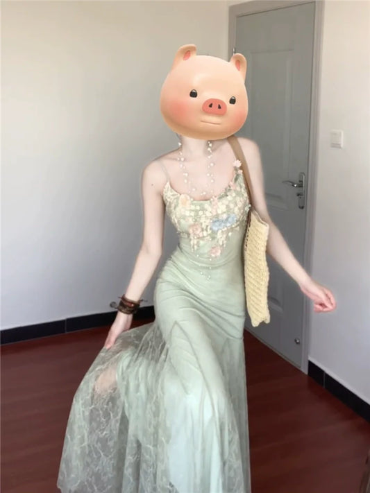 French Green Floral Lace Mesh Spaghetti-Strap Mermaid Dress