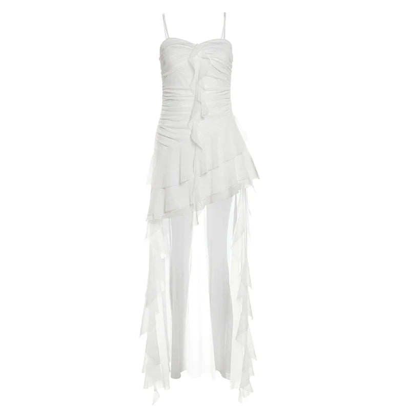 French Fairycore Ruffle-Paneled Camisole Asymmetrical Midi Dress