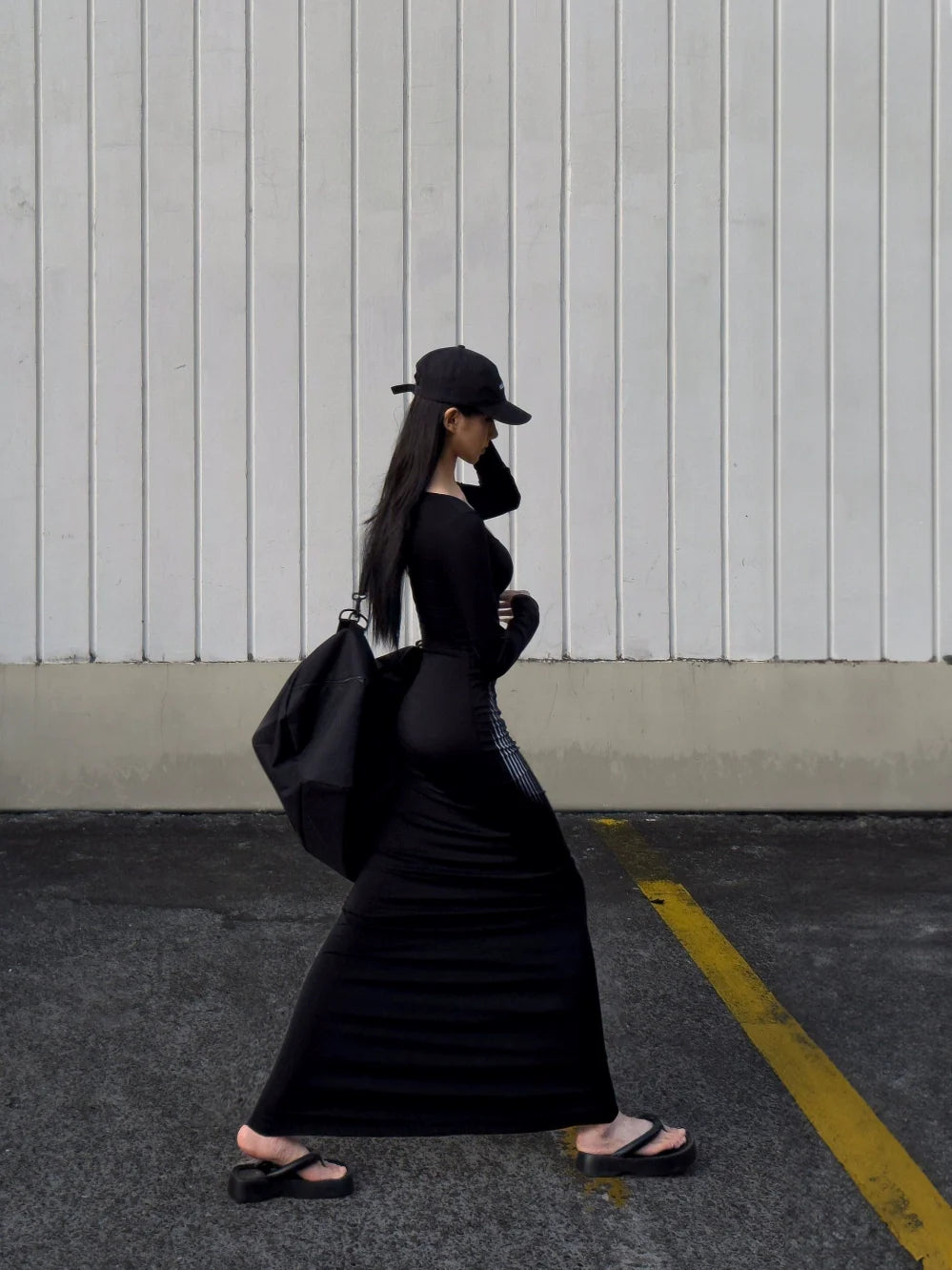 Sexy E-girl Black Print Long-Sleeve Bodycon Waist-Cinched Maxi Dress