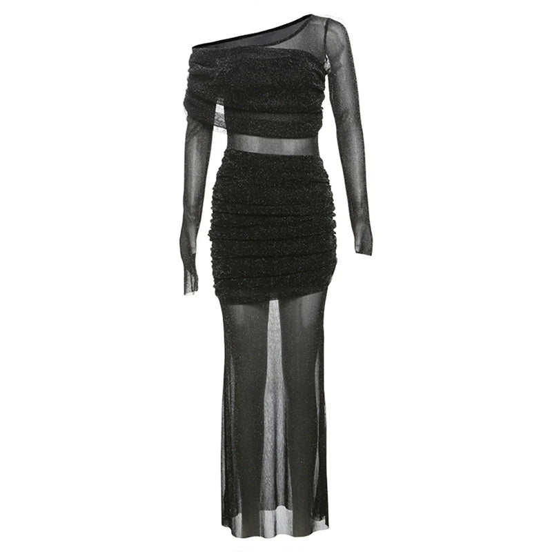 French Luxury Sheer Lustrous Silk Ruched Fat-Hiding Slimming Maxi Dress