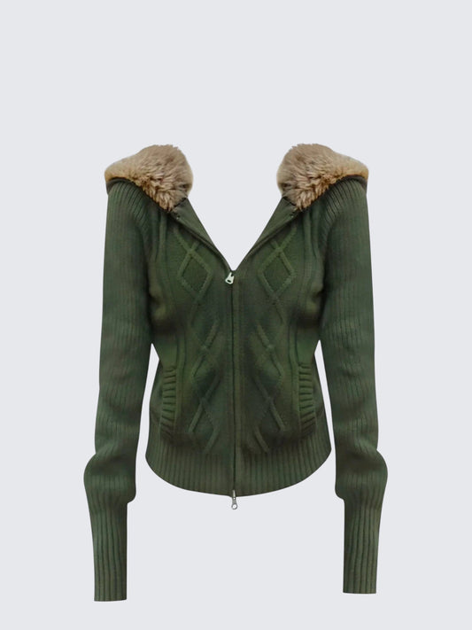 Korean Olive Hooded Fur Collar Cardigan