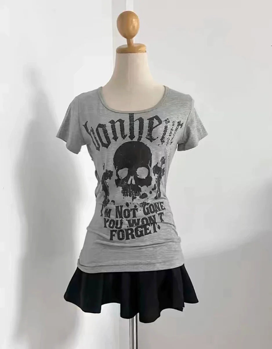 Gray Skull Letter Print Slim Tee Y2K Top