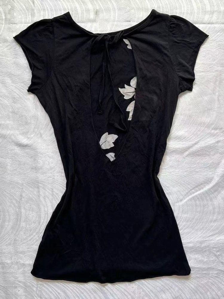 Black Subculture Y2K E-girl Abi American Retro Print Tie & Open-Back Short Sleeve Top