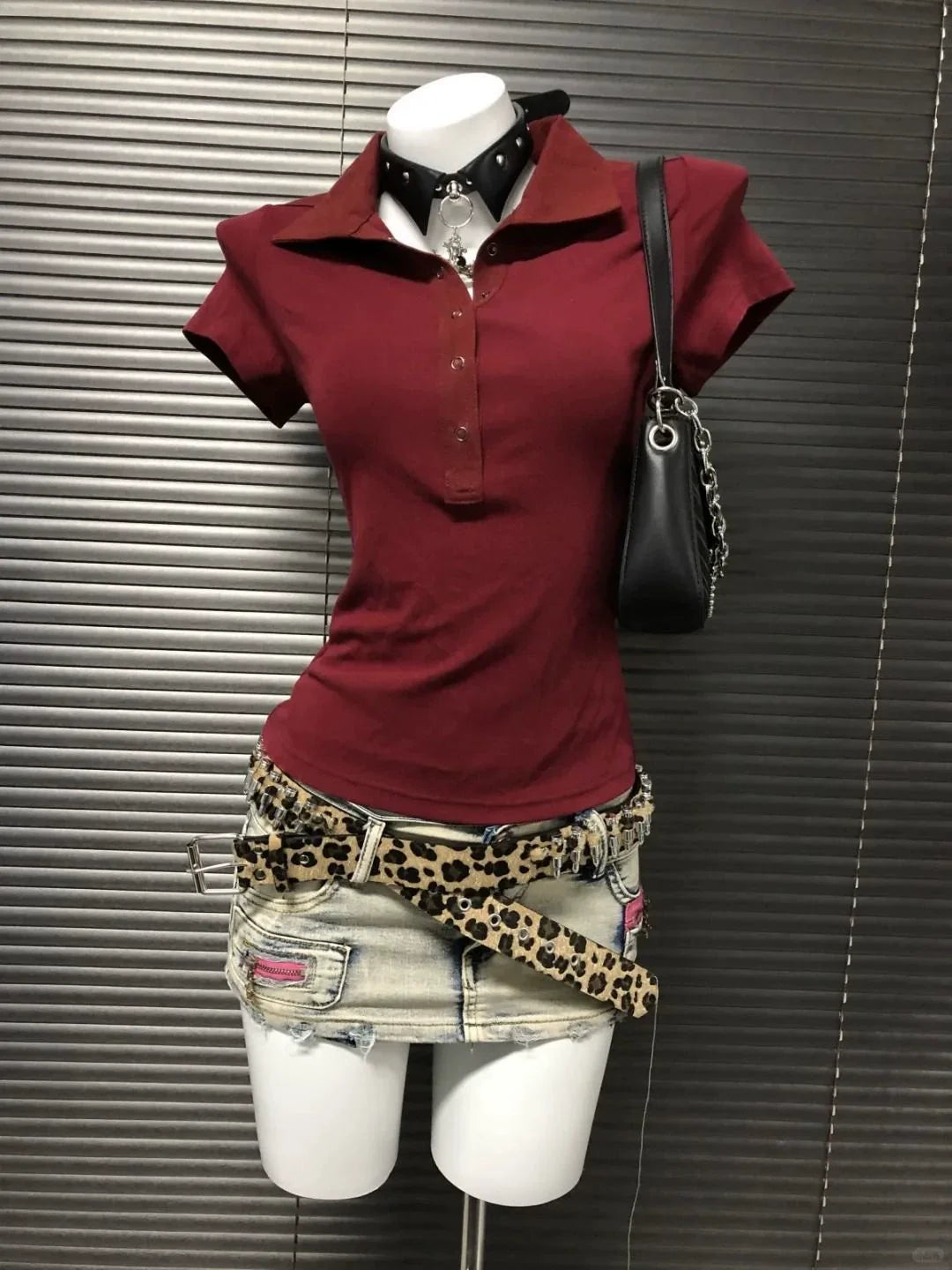 Burgundy Subculture Y2K E-girl Abi American Retro Polo-Collar Regular-Shoulder Waist-Cinched Short Sleeve Top