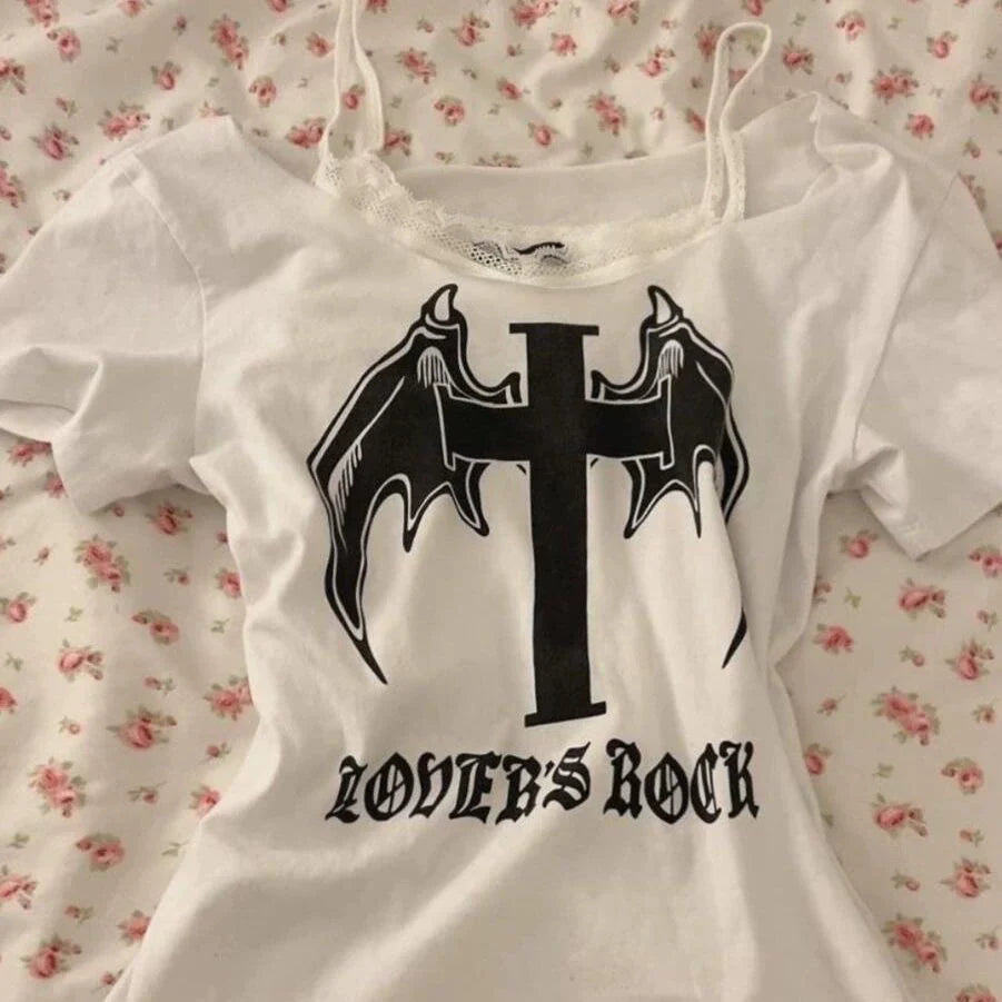 Lace Panel Fake Two-Piece Light Subculture Y2K T-Shirt