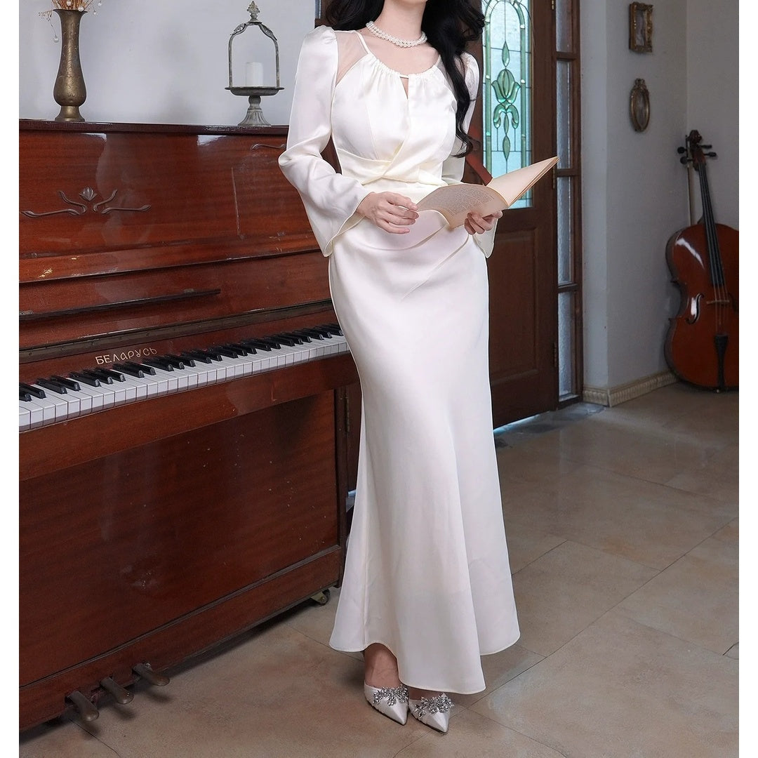 French Satin Long Sleeve Bodycon Birthday Gown Dress