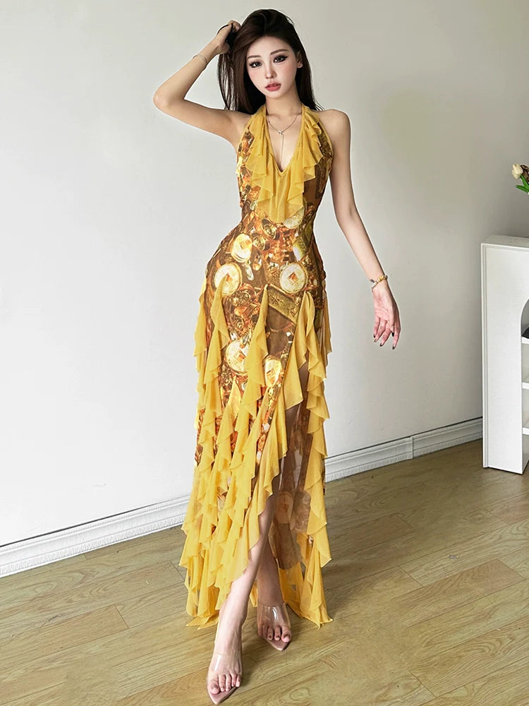 E-girl Gold Print V-Neck Halter Ruffle High-Slit Midi Dress