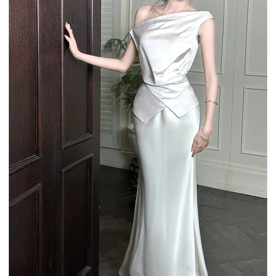 French One-Shoulder Satin Mesh Skirt Set Gown Dress