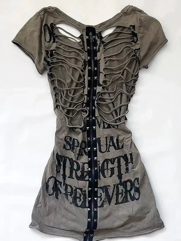 Letter Ripped Subculture Rock Punk Y2K Abi E-girl American Retro Letter Ripped Short Sleeve Top