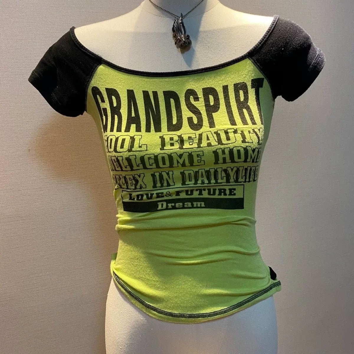 Vintage Black & Green Subculture Punk Y2K E-girl Retro Letter Print Slim Sexy Short Sleeve Top