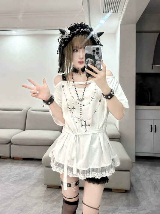 White Ribbon Ripped Y2K T-Shirt