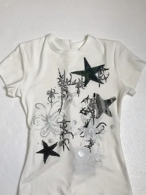 White Subculture Y2K E-girl Abi American Retro Hand-Drawn Star Print Light Subculture Short Sleeve Top
