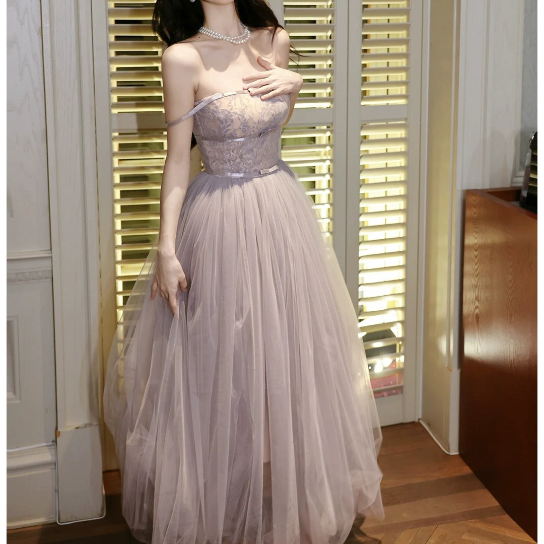 French Purple One-Shoulder Tulle Gown Dress