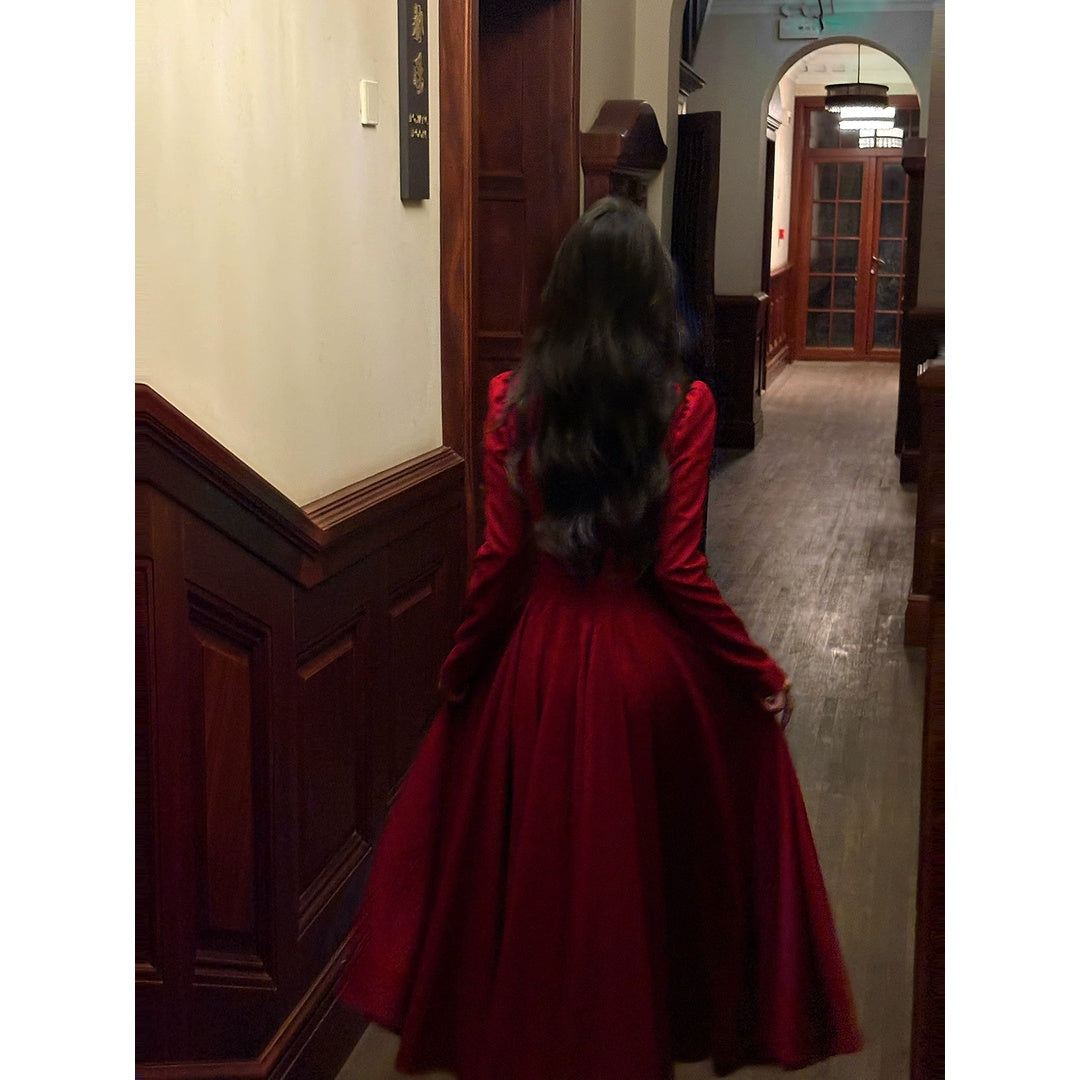 French Red Long Sleeve Swing Gown Dress