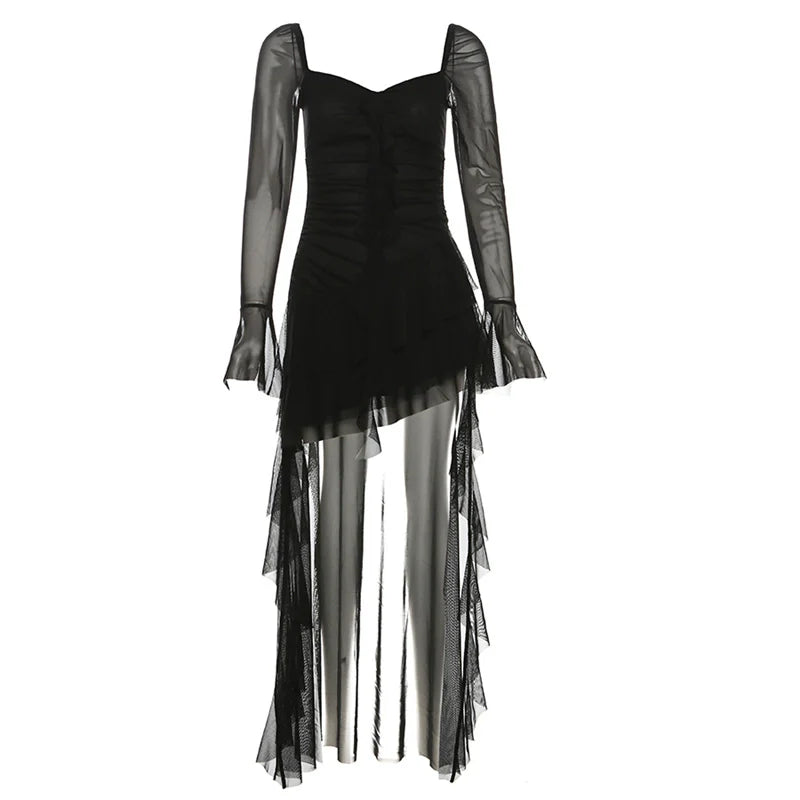 Sweet & Edgy Retro Flowing Square-Neck Tulle Ruched Cinched Waist Asymmetrical Dress
