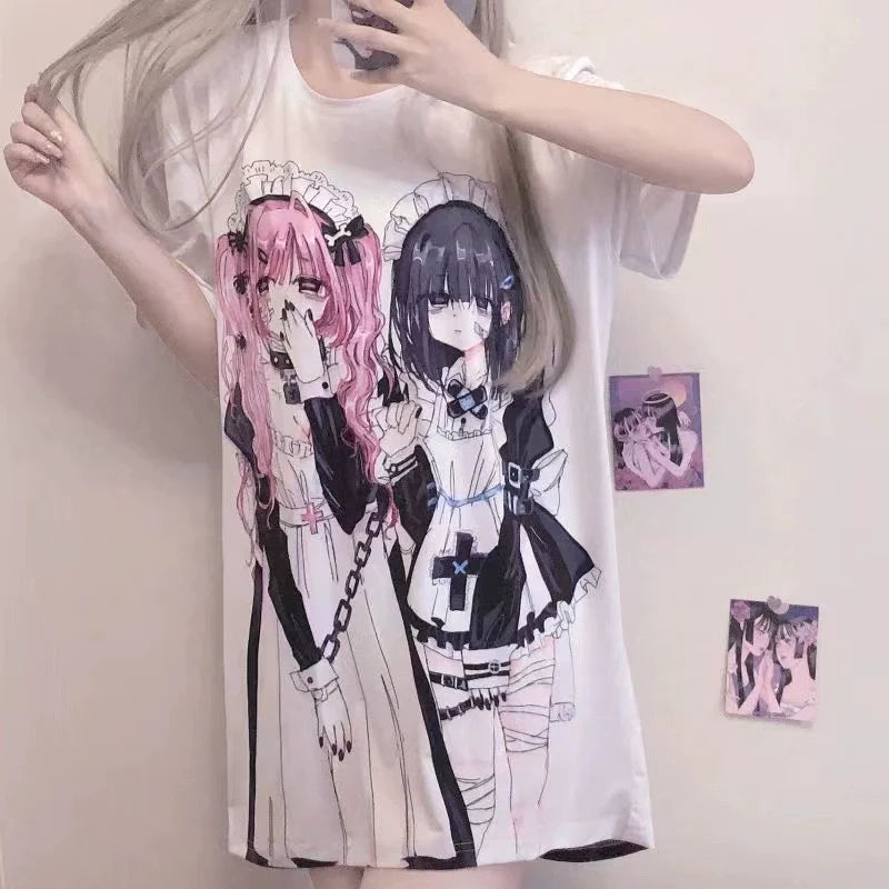 White Japanese Anime E-Sports Girl Print Niche Design Oversized Y2K T-Shirt