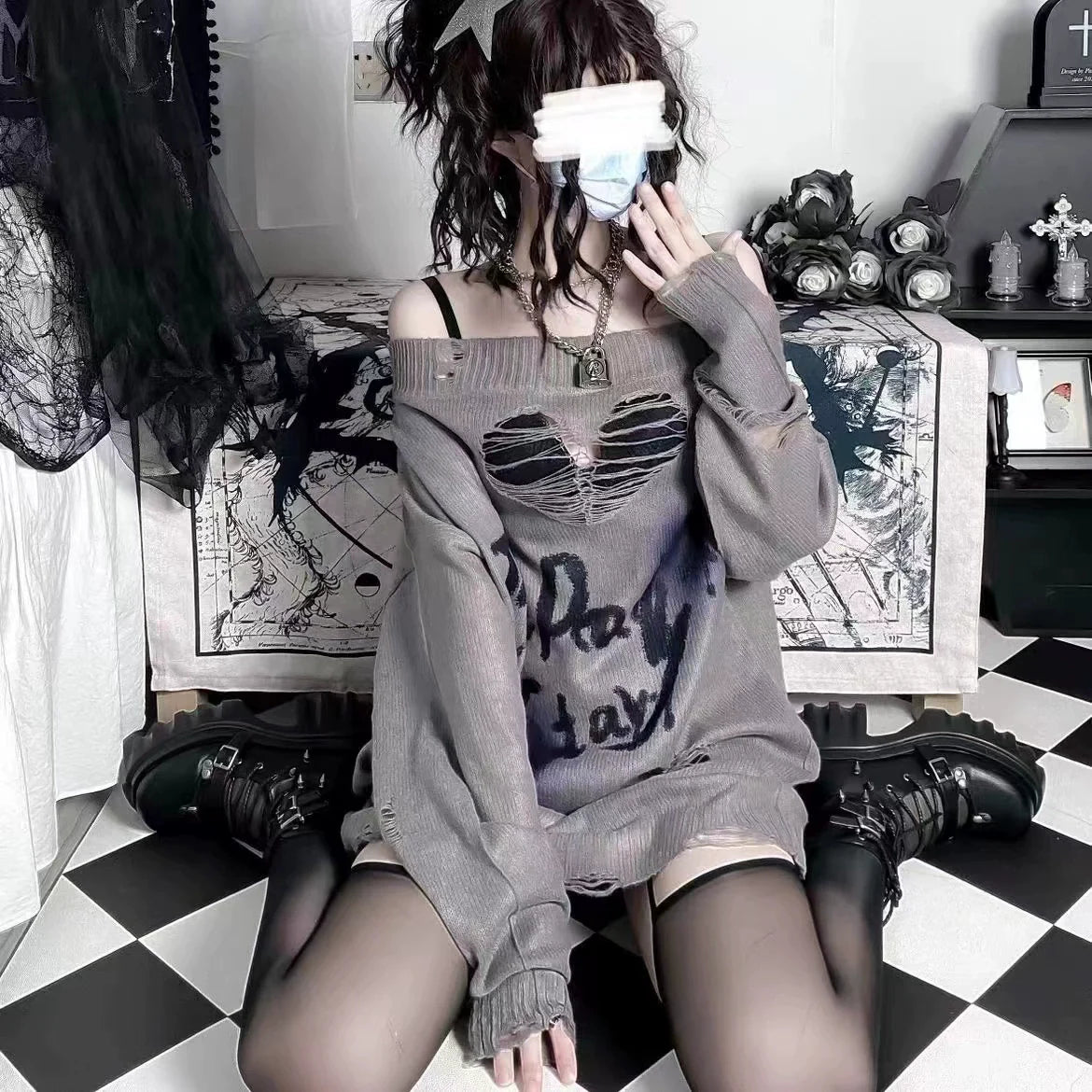 Y2K Off-The-Shoulder Cutout Distressed Thin Sweater