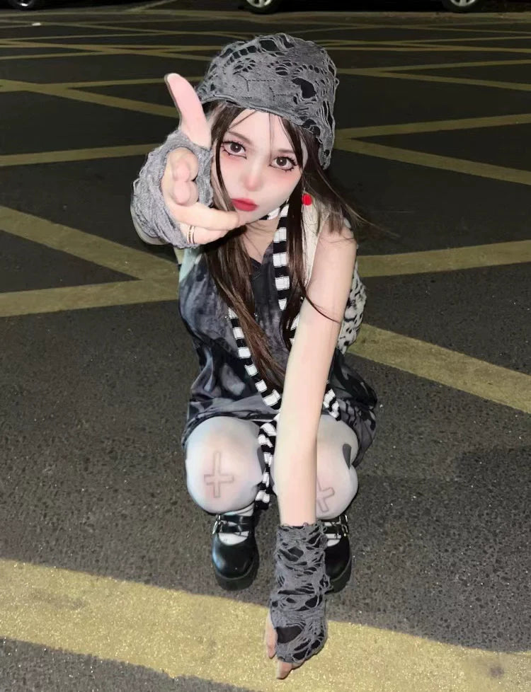 Skull Tank Dress Subculture Cyberpunk Rock Y2K E-girl Gothic Dark Dress