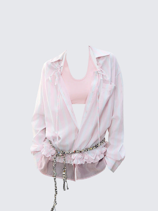 Korean Striped Lace Tie Long Sleeve Shirt