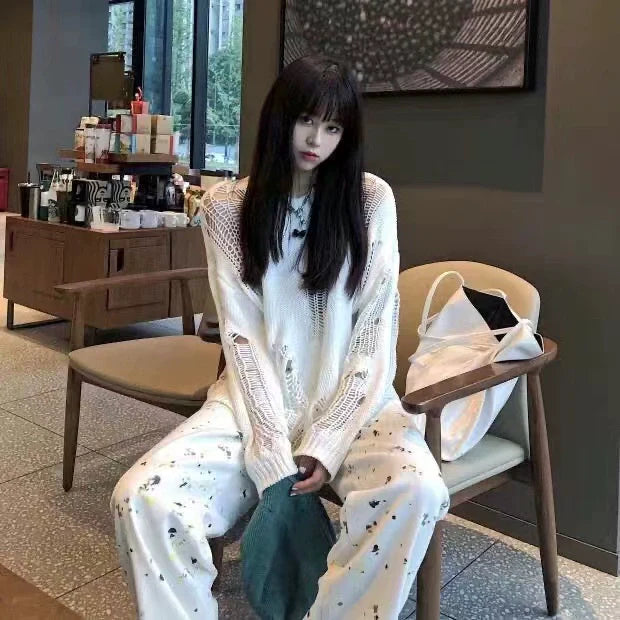 Black Subculture Punk Y2K E-girl Cutout & Distressed Slouchy Oversized Top (Thin Fabric)