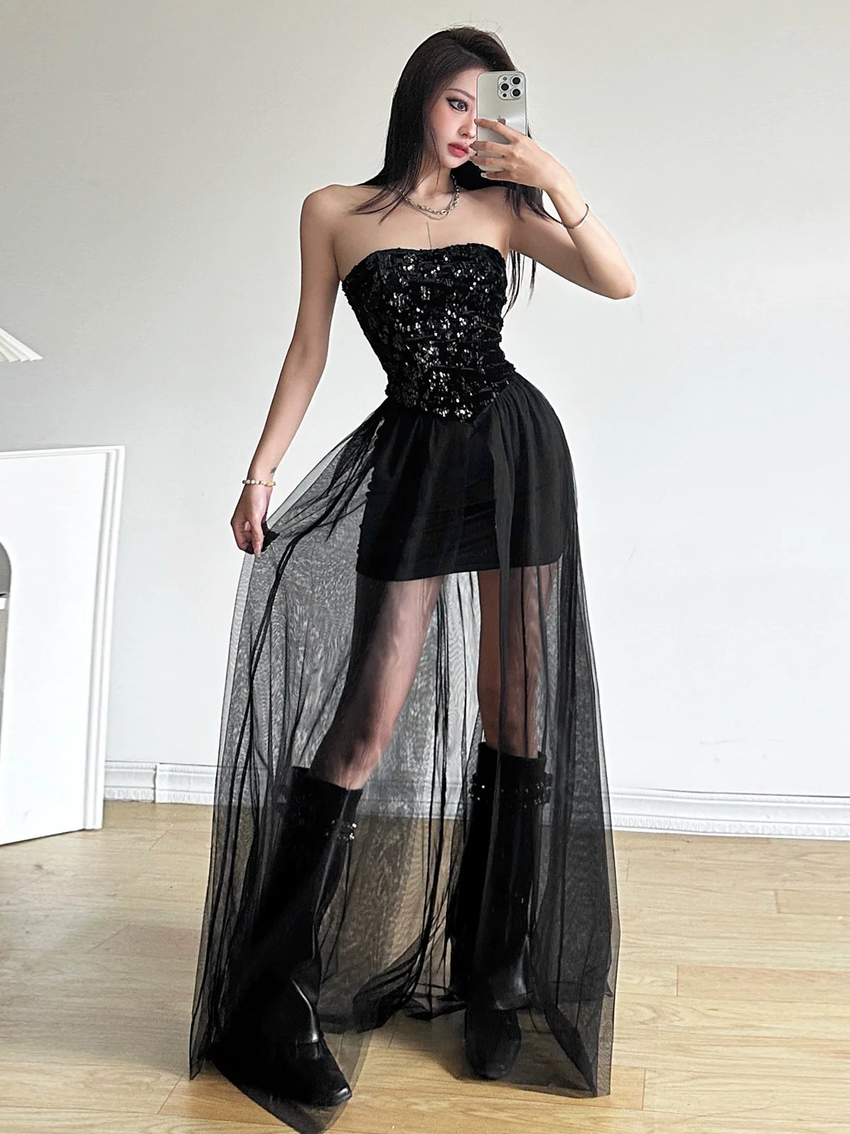 Luxurious Sequin Tube Top Mesh-Paneled Midi Dress