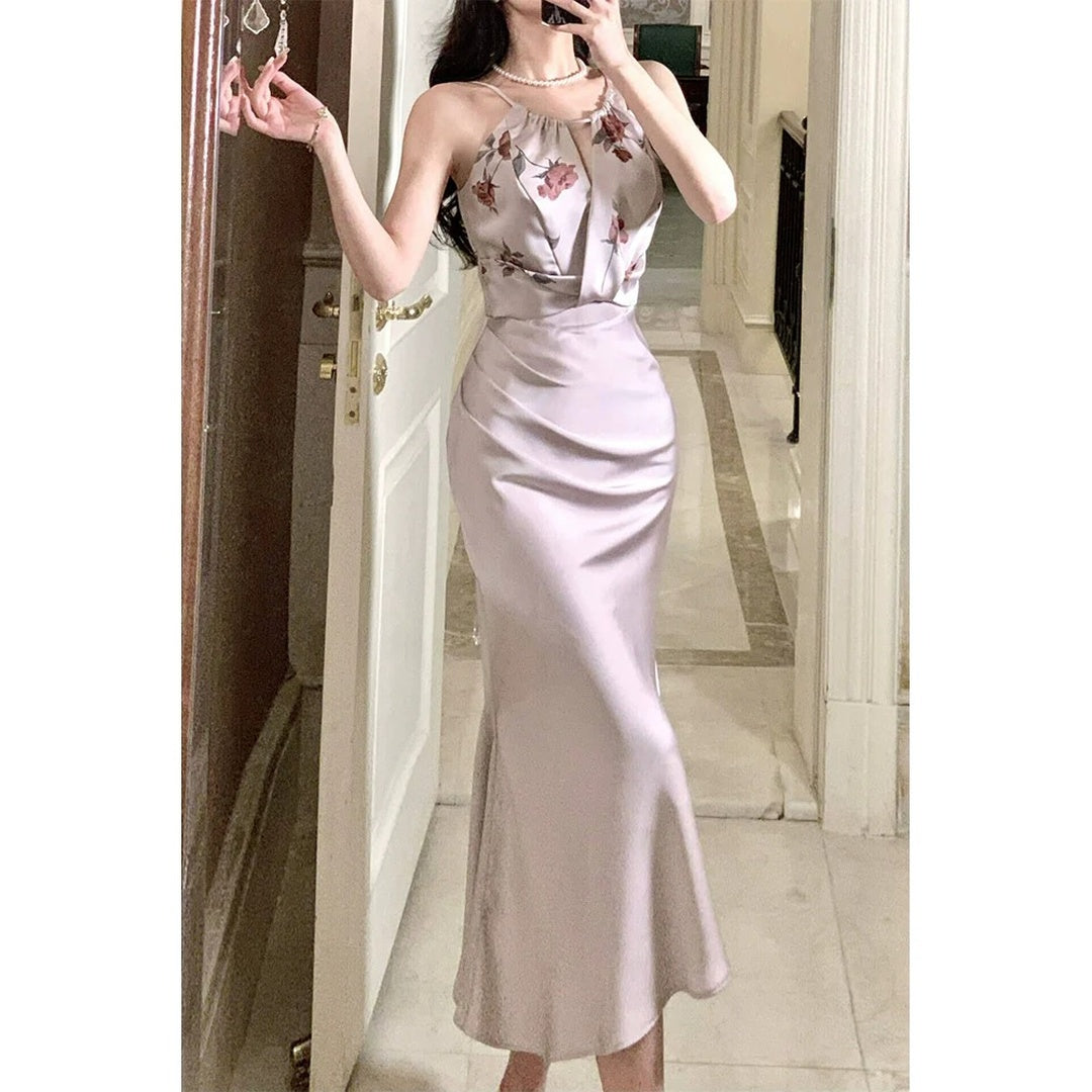 Satin Floral Contrast Mermaid Gown Dress