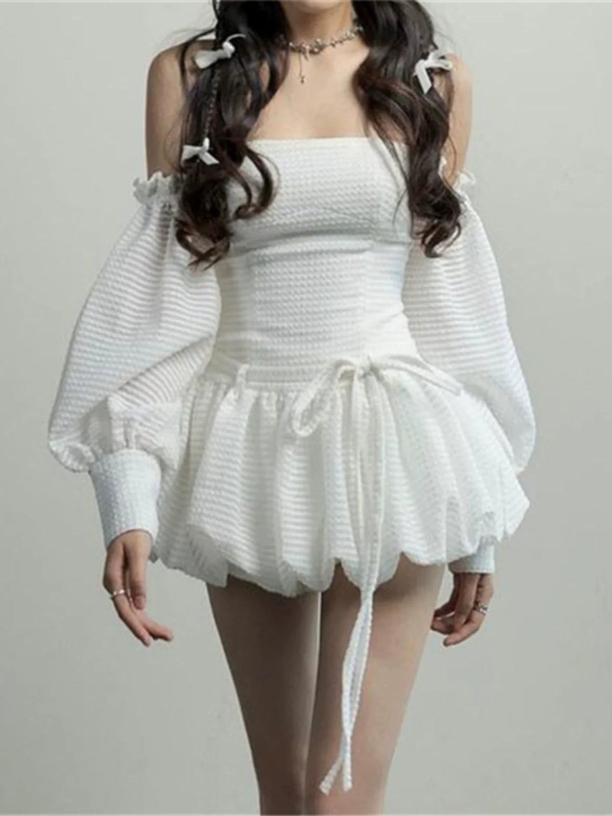 Soft Sexy Waist-Cinched Tube Top Dress With Arm Sleeves