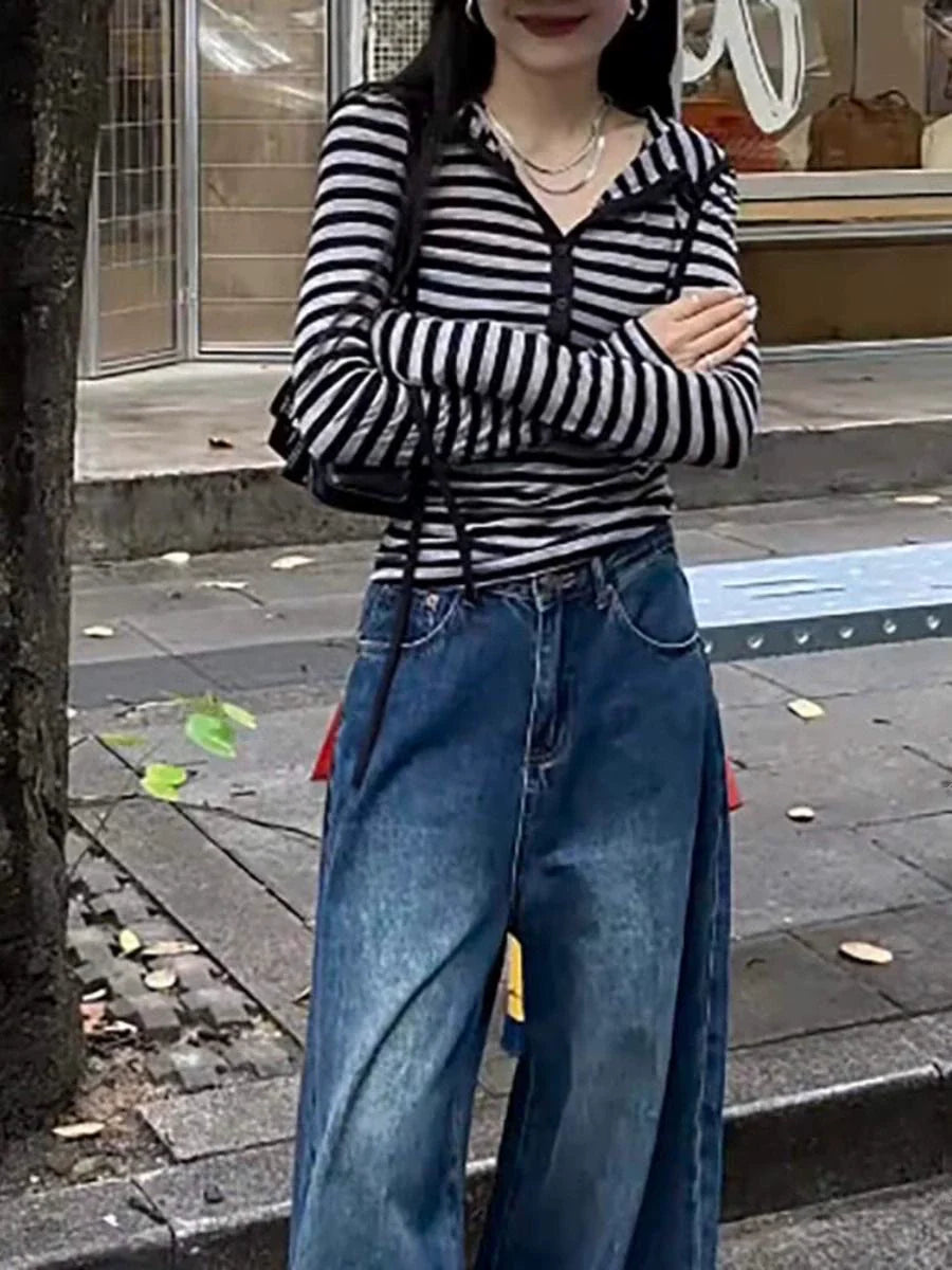 Black & Gray Striped Hooded Light Subculture Y2K E-girl American Retro Long Sleeve Top