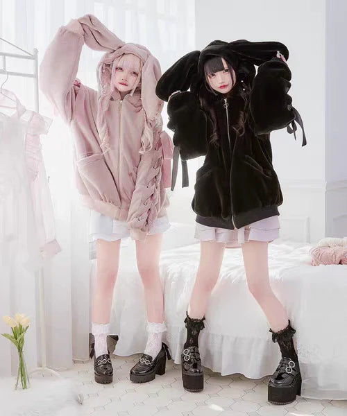 Soft Girl Bunny Ear Faux Fur Coat Y2K