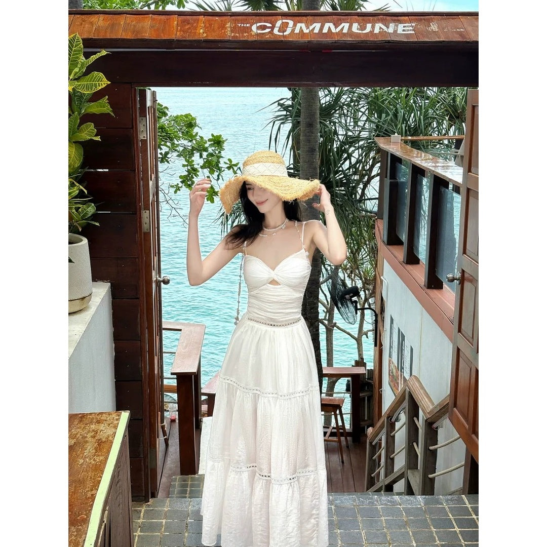 French White High-End Spaghetti Strap Resort Gown Dress