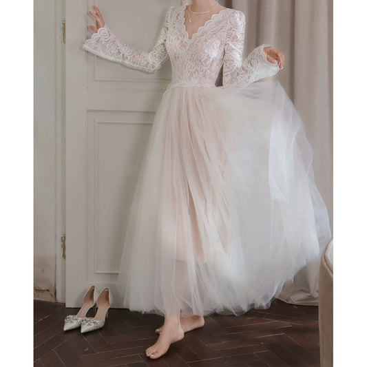 French V Neck Long Sleeve Mesh Gown Dress