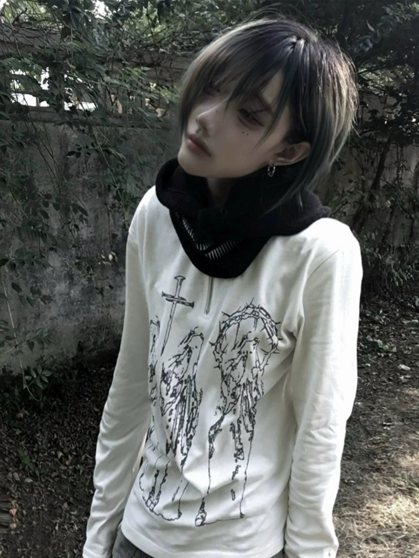 Y2K White Shoulder Heavy Henley Long Sleeve Top