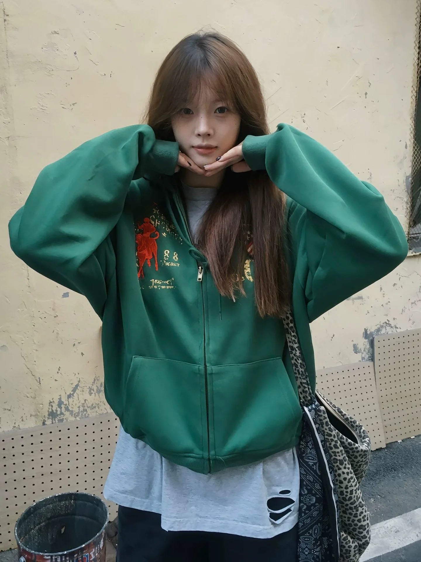 Vintage Letter Embroidered Hoodie Zip-Up for Autumn Winter