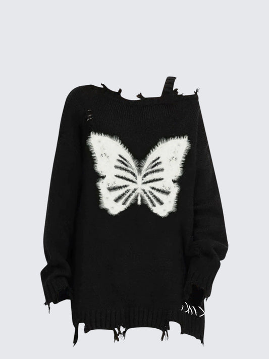 Black Butterfly Cutout Knit Sweater Women