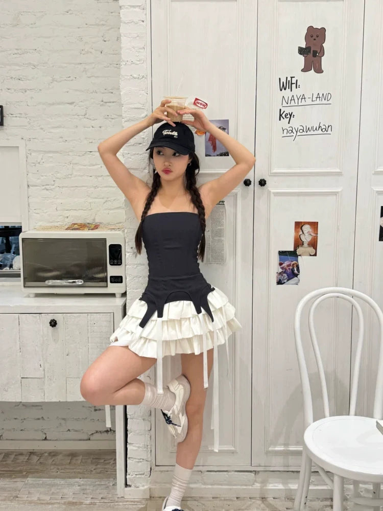 American-Style Tube-Top Sexy Tiered Fake Two-Piece Petite-Friendly Summer Mini Dress