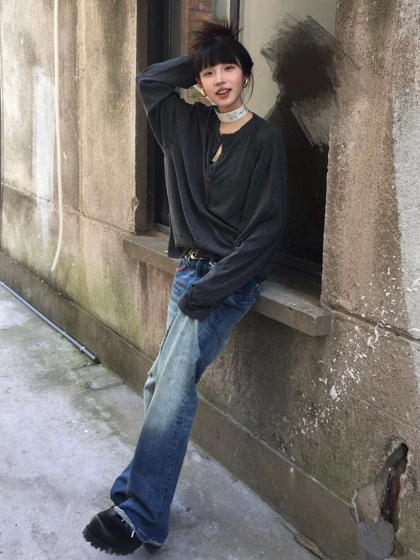 Cleanfit Henley Long Sleeve Tee Early Autumn Loose Comfortable Base Top