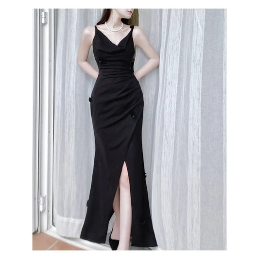 French Black Chic Spaghetti Gown Dress
