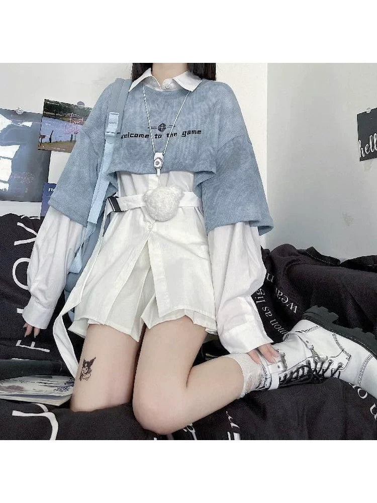 Blue Tie-Dye Hoodie Two-Piece Set Subculture Y2K E-girl Light Subculture American Retro Abi Long-Sleeve Shirt Set