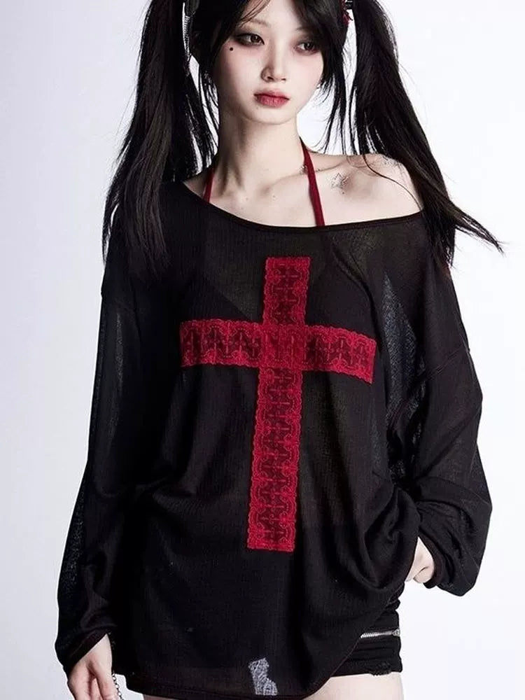 Black Cross Sunscreen Subculture Y2K E-girl Abi American Retro Off-Shoulder Sheer Cover-Up Long Sleeve Top