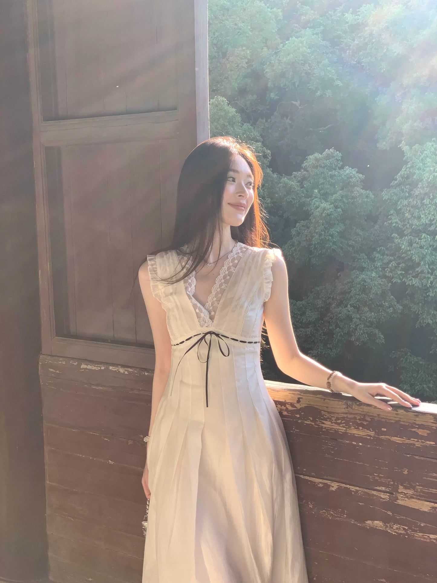 Handcrafted Lace-Paneled V-Neck Sleeveless Tencel Maxi Dress