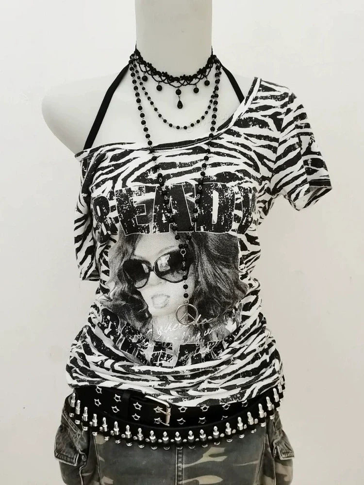 Zebra Stripe Tie-Front Y2K T-Shirt