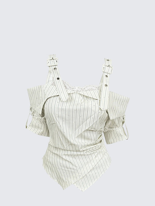 Striped Off-Shoulder Adjustable Shoulder Shirt